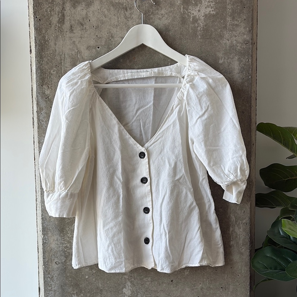 White Linen-Like Button-Up Women's Top